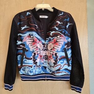 YunSiMuXiang Track Bomber Jacket Mesh Asian Floral Butterfly Koi Fish Small